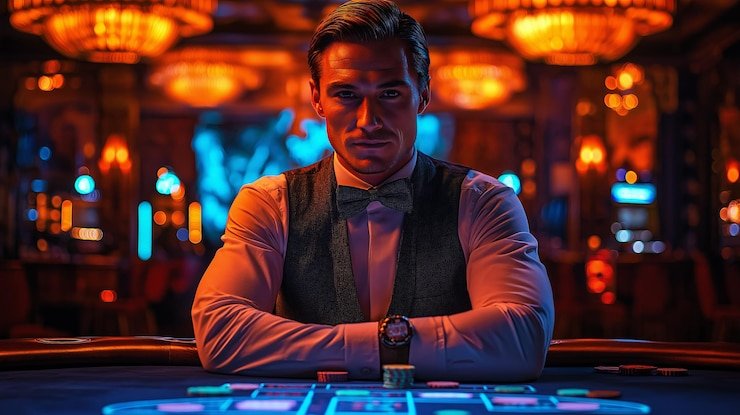 Meja Live Sic Bo jeger88 dengan dealer dan tiga dadu dalam studio